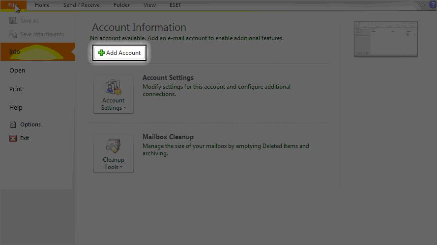 Outlook 2010 to access your business email step 2