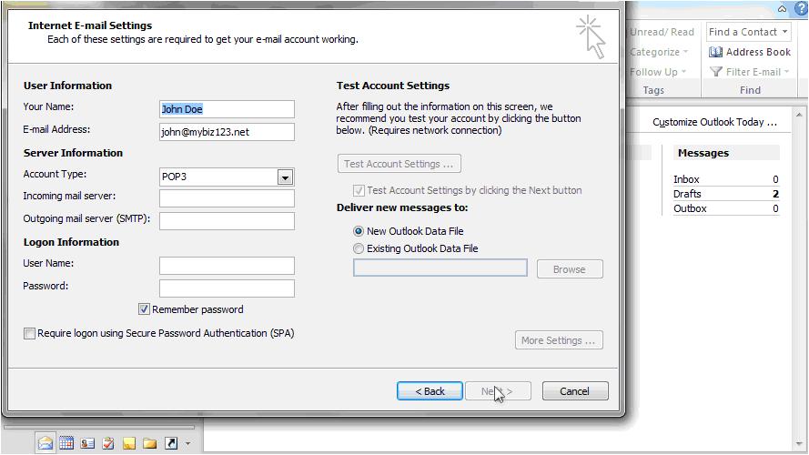 Outlook 2010 to access your business email step 8 continued