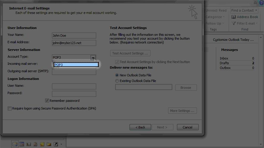 Outlook 2010 to access your business email step 9